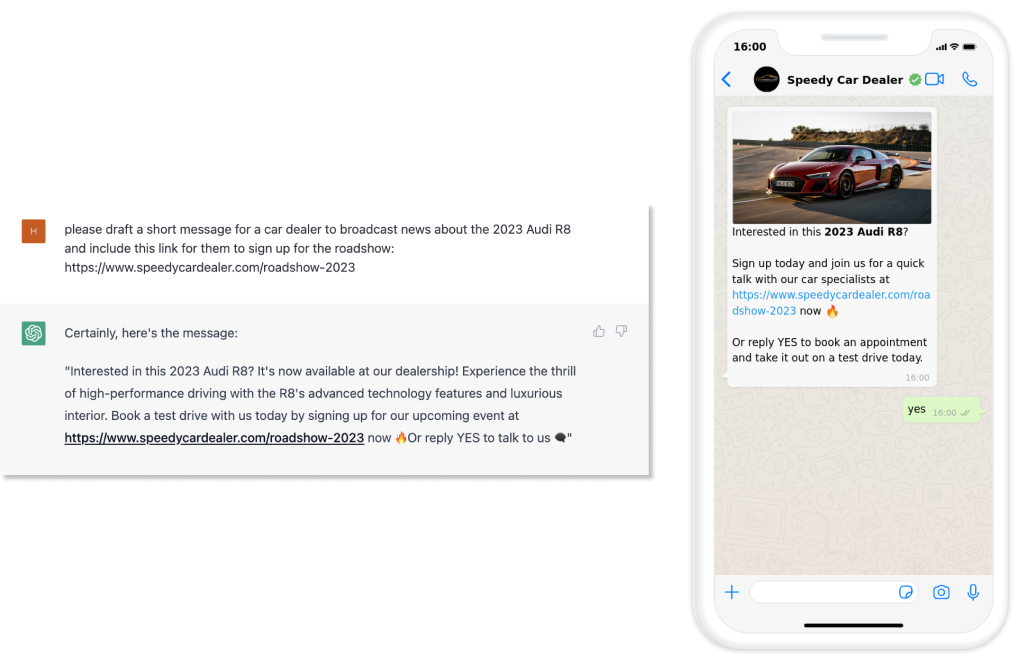 Car dealer broadcast WhatsApp messages using ChatGPT