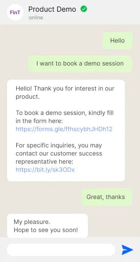 Prenotazione demo di prodotti Fintech su WhatsApp Ufficiale
