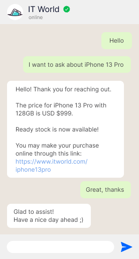 Iphone 13 Pro inquiry on WhatsApp Official
