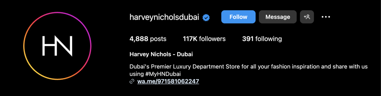 Harvey Nichols Dubai's Instagram Business page