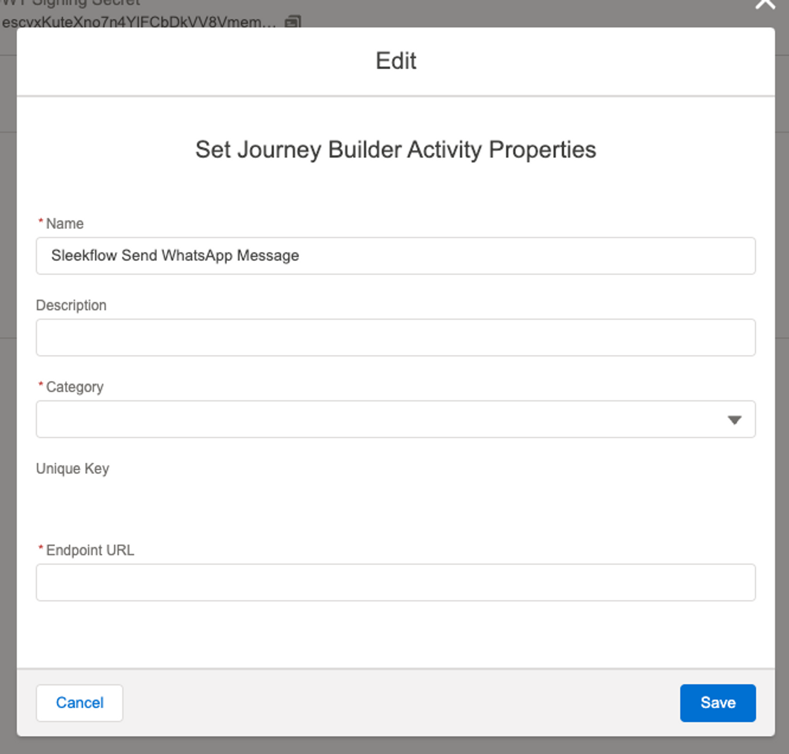 Input "Endpoint URL" for SleekFlow package on Salesforce Marketing Cloud Journey Builder