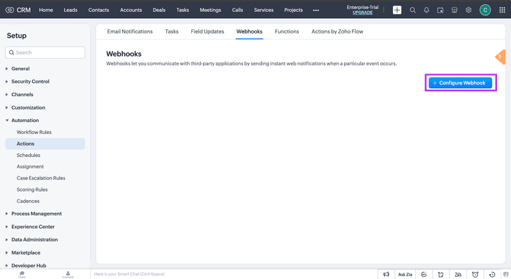 How do you create a webhook in Zoho CRM?