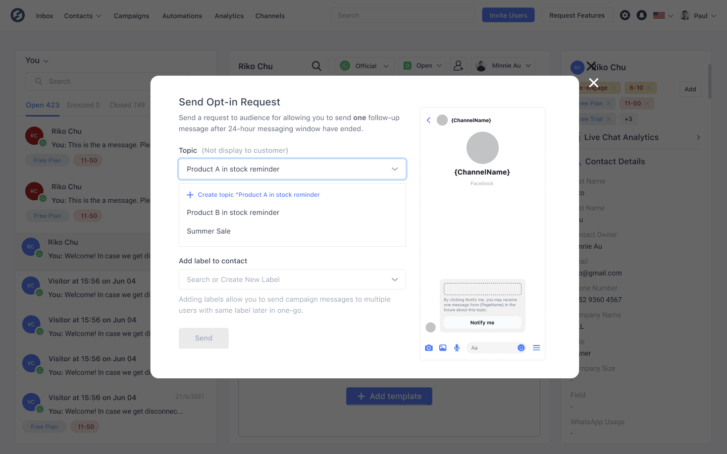 How to send Facebook Messenger broadcast with OTN
