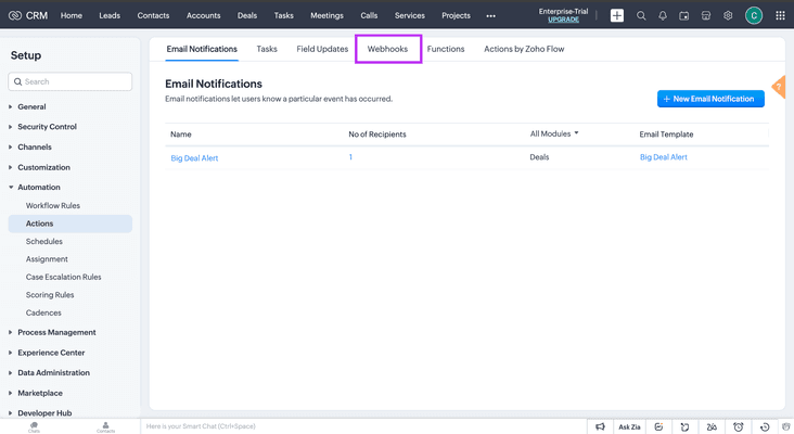 How do you create a webhook in Zoho CRM?